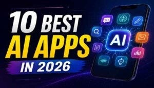 10 Best AI Apps in 2026 thumbnail featuring a futuristic AI smartphone and colorful artificial intelligence app icons.