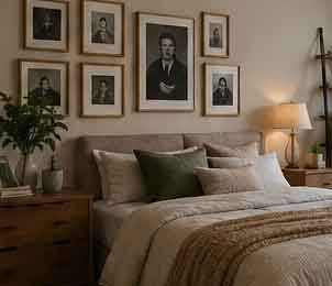 Bedroom decor ideas for 2026 featuring a cozy stylish modern bedroom with layered bedding