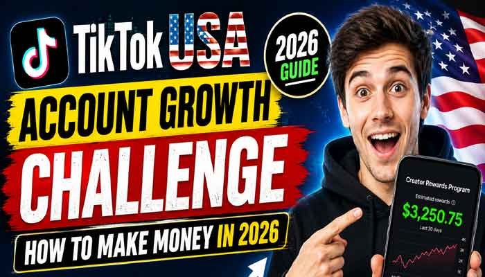TikTok USA Account Growth Challenge 2026 guide showing creator rewards, account growth, followers, and money earning opportunities