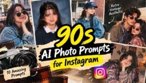 90s AI photo prompts for Instagram featuring retro portraits, vintage camera, and nostalgic 1990s aesthetics.