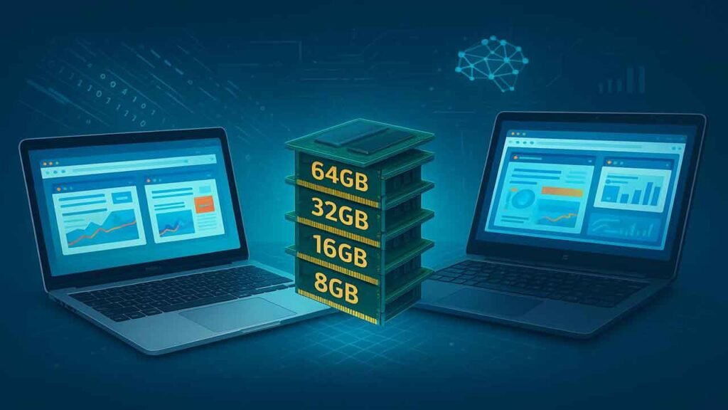 AI PC RAM requirements in 2026 comparing 16GB, 32GB and 64GB memory